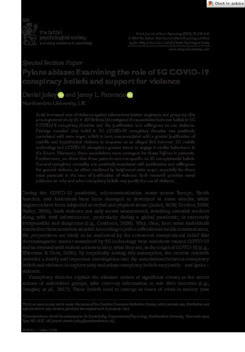 Pylons ablaze: Examining the role of 5G COVID?19 conspiracy beliefs and support for violence Thumbnail