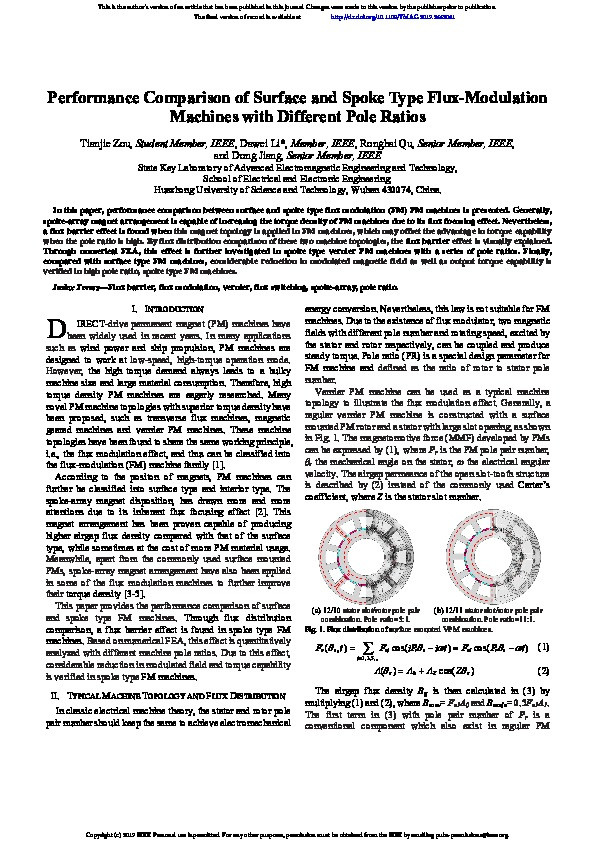 Performance Comparison of Surface and Spoke-Type Flux-Modulation Machines With Different Pole Ratios Thumbnail