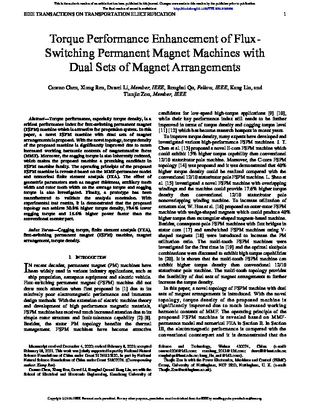 Torque Performance Enhancement of Flux-Switching Permanent Magnet Machines With Dual Sets of Magnet Arrangements Thumbnail