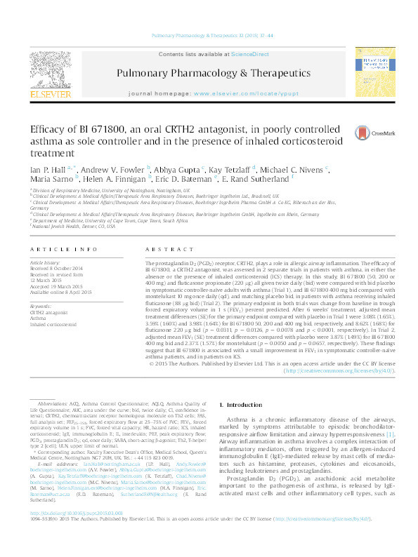Efficacy of BI 671800, an oral CRTH2 antagonist, in poorly controlled asthma as sole controller and in the presence of inhaled corticosteroid treatment Thumbnail