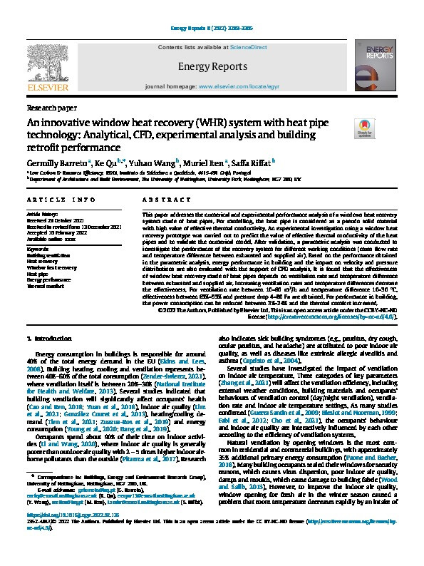 An innovative window heat recovery (WHR) system with heat pipe technology: Analytical, CFD, experimental analysis and building retrofit performance Thumbnail