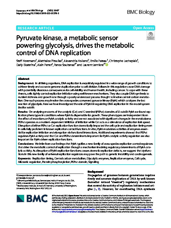 Pyruvate kinase, a metabolic sensor powering glycolysis, drives the metabolic control of DNA replication Thumbnail