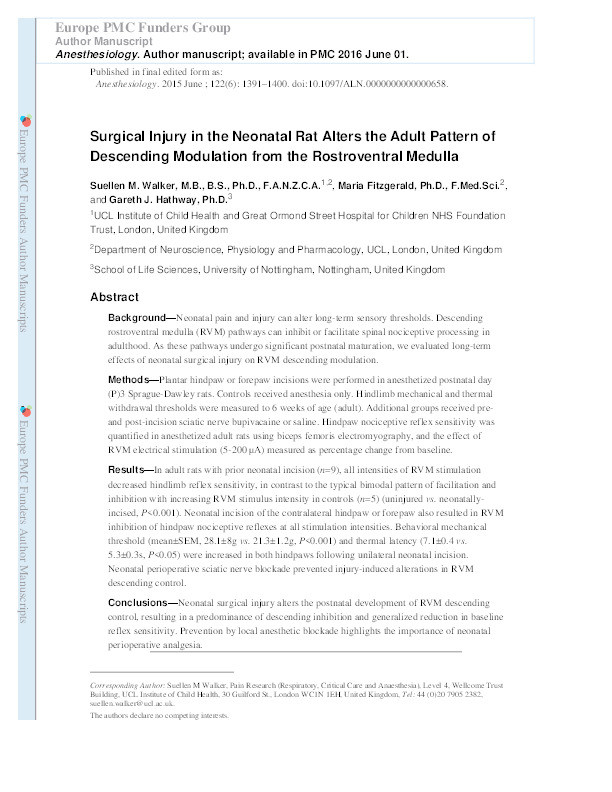 Surgical injury in the neonatal rat alters the adult pattern of descending modulation from the rostroventral medulla Thumbnail