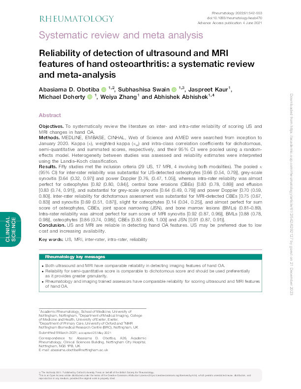 Reliability of detection of ultrasound and MRI features of hand osteoarthritis: a systematic review and meta-analysis Thumbnail