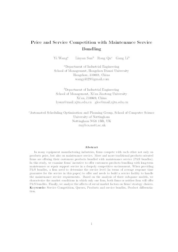 Price and service competition with maintenance service bundling Thumbnail