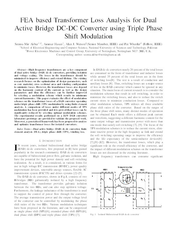 FEA Based Transformer Loss Analysis for Dual Active Bridge DC-DC Converter using Triple Phase Shift Modulation Thumbnail