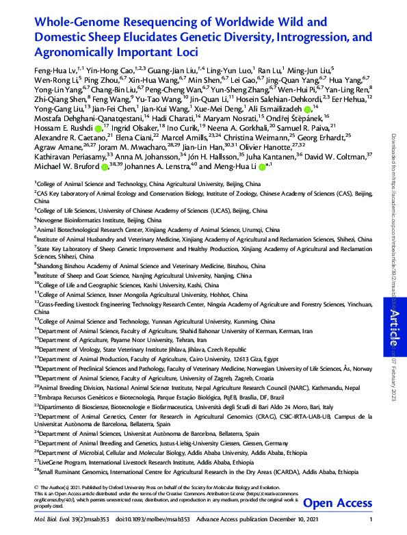 Whole-Genome Resequencing of Worldwide Wild and Domestic Sheep Elucidates Genetic Diversity, Introgression, and Agronomically Important Loci Thumbnail