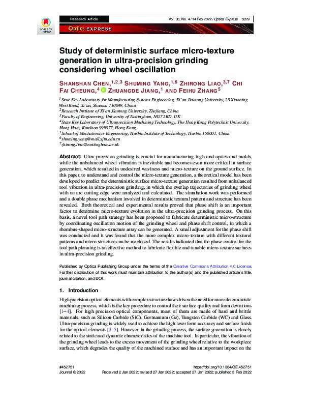 Study of deterministic surface micro-texture generation in ultra-precision grinding considering wheel oscillation Thumbnail