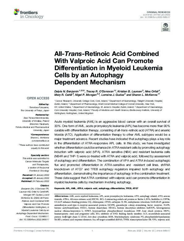 All-Trans-Retinoic Acid Combined With Valproic Acid Can Promote Differentiation in Myeloid Leukemia Cells by an Autophagy Dependent Mechanism Thumbnail