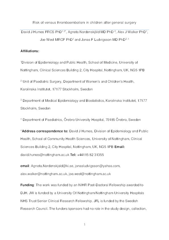 Risk of venous thromboembolism in children after general surgery Thumbnail