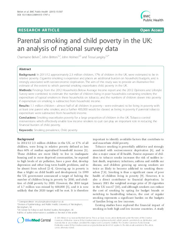 Parental smoking and child poverty in the UK: an analysis of national survey data Thumbnail