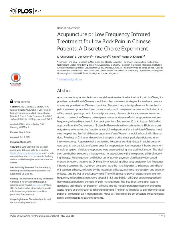 Acupuncture or low frequency infrared treatment for low back pain in Chinese patients: a discrete choice experiment Thumbnail
