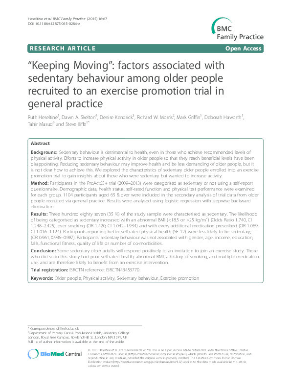“Keeping Moving”: factors associated with sedentary behaviour among older people recruited to an exercise promotion trial in general practice Thumbnail