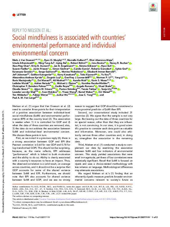 Reply to Nielsen et al.: Social mindfulness is associated with countries’ environmental performance and individual environmental concern Thumbnail