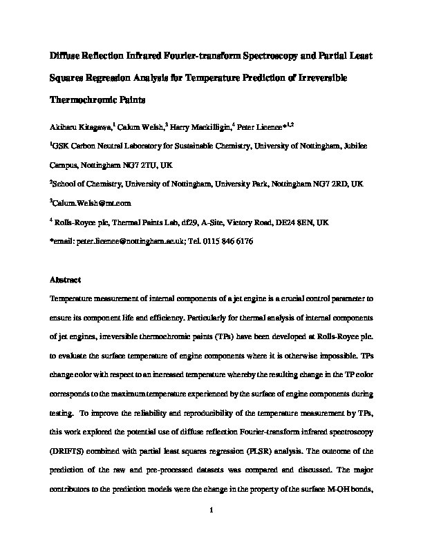 Diffuse Reflection Infrared Fourier Transform Spectroscopy and Partial Least Squares Regression Analysis for Temperature Prediction of Irreversible Thermochromic Paints Thumbnail