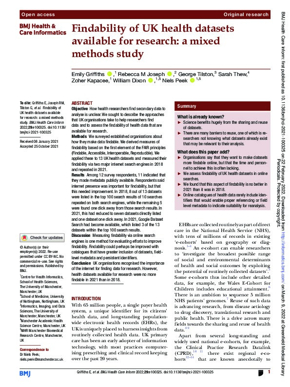 Findability of UK health datasets available for research: a mixed methods study Thumbnail