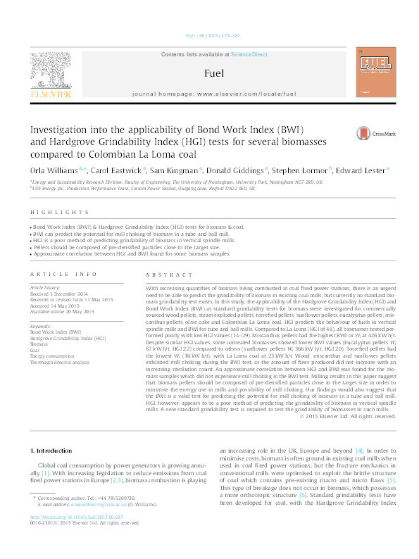 Investigation into the applicability of Bond Work Index (BWI) and Hardgrove Grindability Index (HGI) tests for several biomasses compared to Colombian La Loma coal Thumbnail