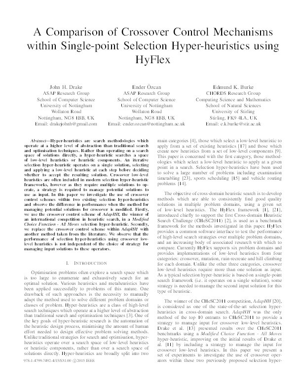 A comparison of crossover control mechanisms within single-point selection hyper-heuristics using HyFlex Thumbnail