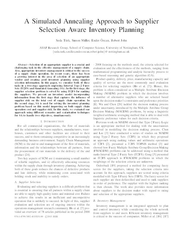 A simulated annealing approach to supplier selection aware inventory planning Thumbnail