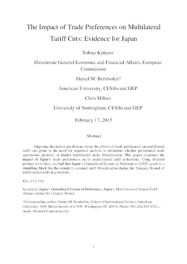 The impact of trade preferences on multilateral tariff cuts: evidence for Japan Thumbnail