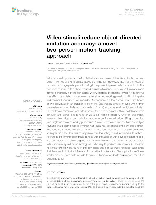 Video stimuli reduce object-directed imitation accuracy: a novel two-person motion-tracking approach Thumbnail