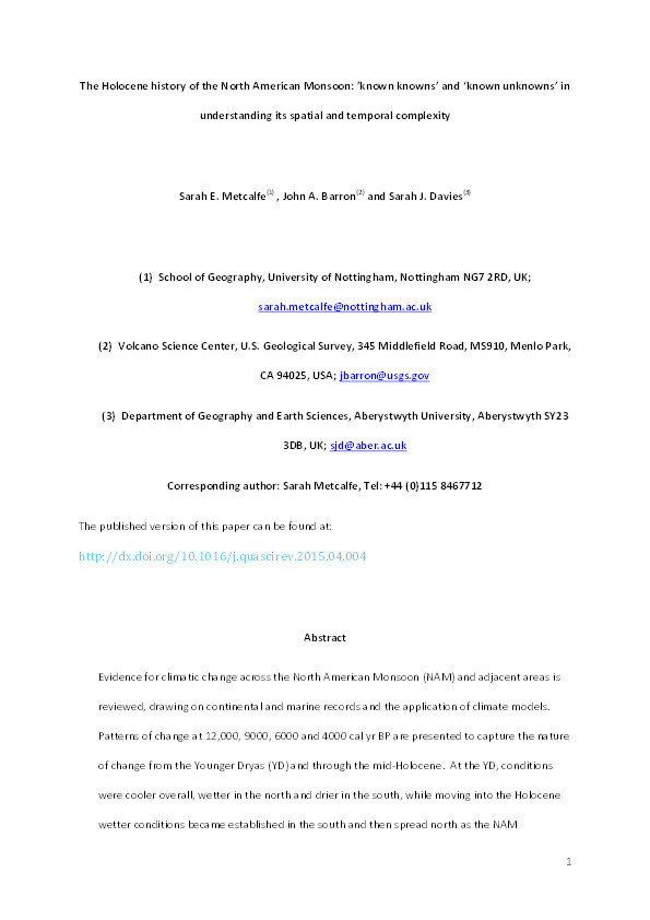 The Holocene history of the North American Monsoon: 'known knowns' and 'known unknowns' in understanding its spatial and temporal complexity Thumbnail