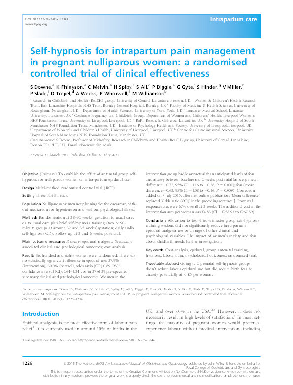 Self-hypnosis for intrapartum pain management in pregnant nulliparous women: a randomised controlled trial of clinical effectiveness Thumbnail