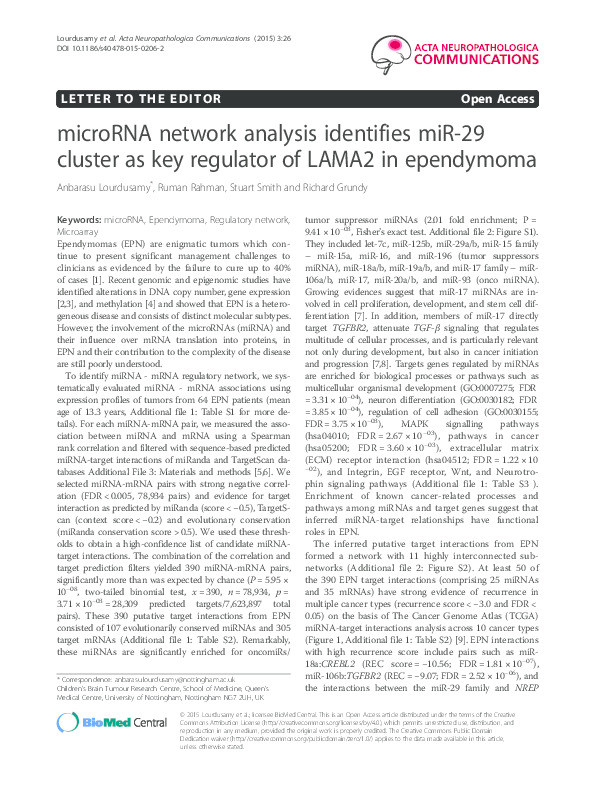 microRNA network analysis identifies miR-29 cluster as key regulator of LAMA2 in ependymoma Thumbnail