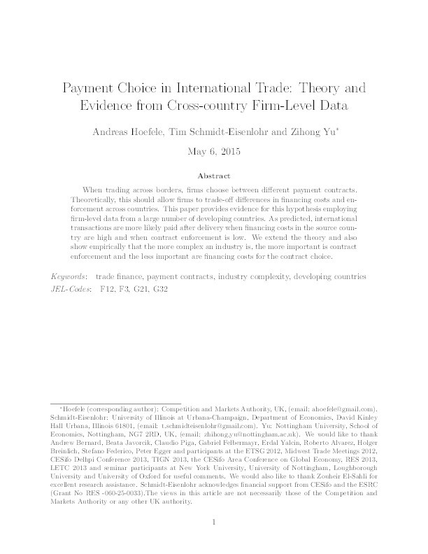 Payment choice in international trade: theory and evidence from cross-country firm-level data Thumbnail