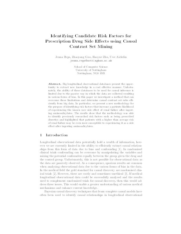 Identifying candidate risk factors for prescription drug side effects using causal contrast set mining Thumbnail