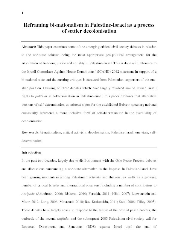 Reframing bi-nationalism in Palestine-Israel as a process of settler decolonisation Thumbnail