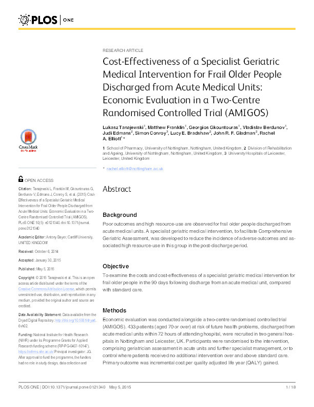 Cost-effectiveness of a specialist geriatric medical intervention for frail older people discharged from acute medical units: economic evaluation in a two-centre randomised controlled trial (AMIGOS) Thumbnail