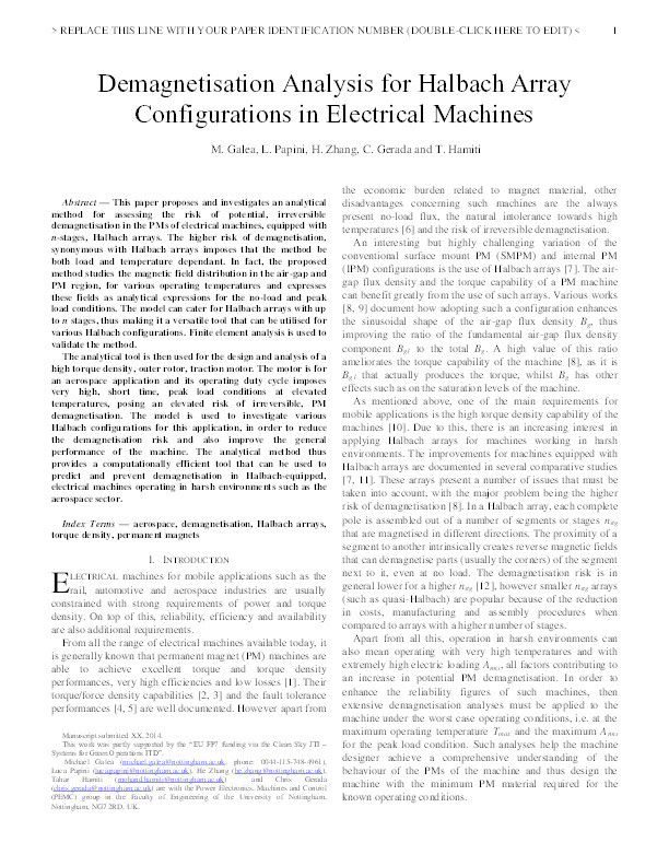 Demagnetisation analysis for Halbach array configurations in electrical machines Thumbnail