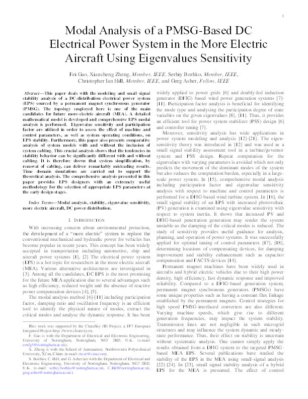 Modal analysis of a PMSG-based DC electrical power system in the more electric aircraft using eigenvalues sensitivity Thumbnail
