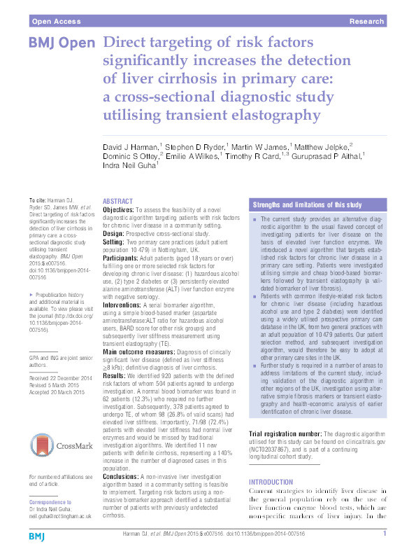 Direct targeting of risk factors significantly increases the detection of liver cirrhosis in primary care: a cross-sectional diagnostic study utilising transient elastography Thumbnail