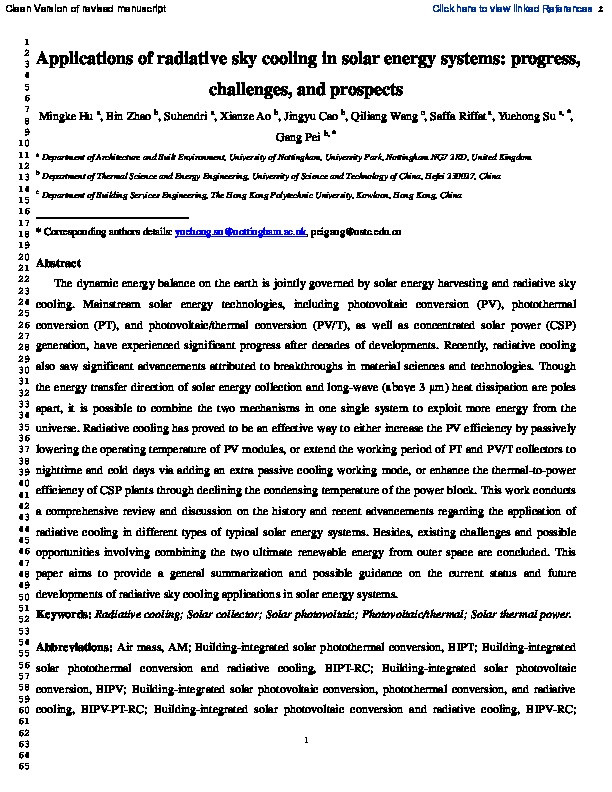 Applications of radiative sky cooling in solar energy systems: Progress, challenges, and prospects Thumbnail