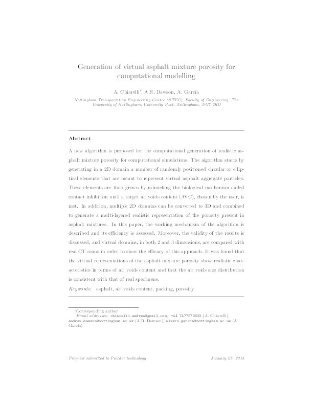 Generation of virtual asphalt mixture porosity for computational modelling Thumbnail