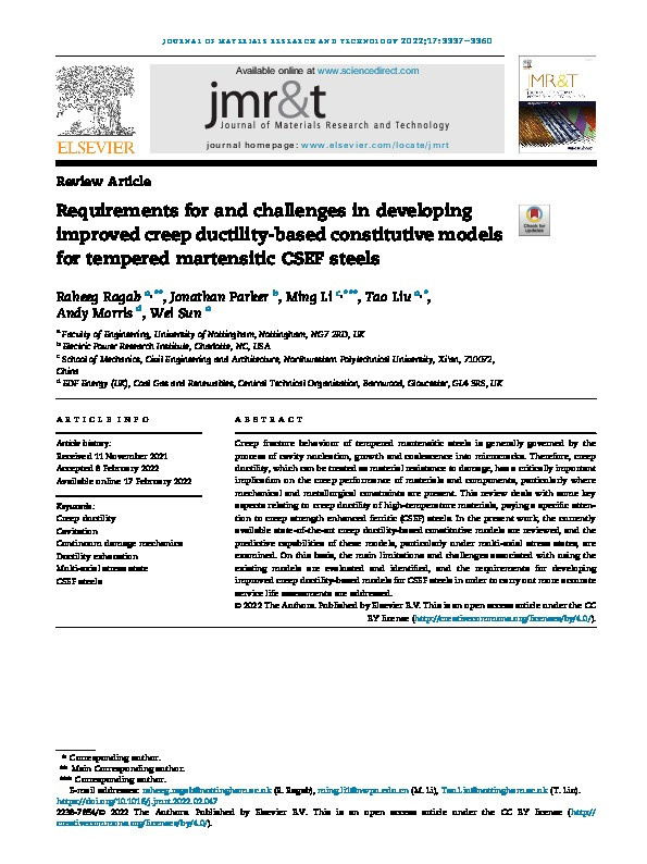 Requirements for and Challenges in Developing Improved Creep Ductility-based Constitutive Models for Tempered Martensitic CSEF Steels Thumbnail