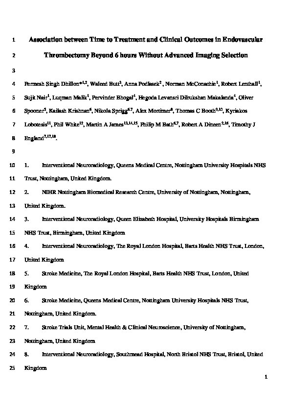 Association between time to treatment and clinical outcomes in endovascular thrombectomy beyond 6 hours without advanced imaging selection Thumbnail