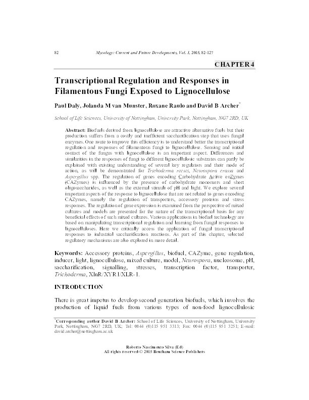 Transcriptional regulation and responses in filamentous fungi exposed to lignocellulose Thumbnail
