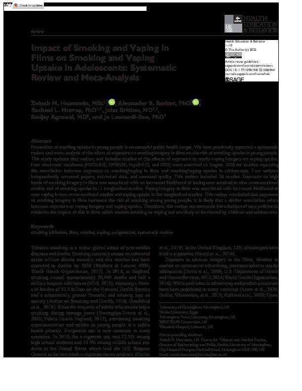 Impact of Smoking and Vaping in Films on Smoking and Vaping Uptake