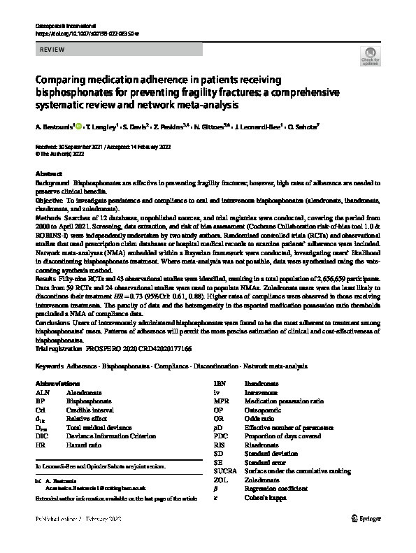 Comparing medication adherence in patients receiving bisphosphonates for preventing fragility fractures: a comprehensive systematic review and network meta-analysis Thumbnail