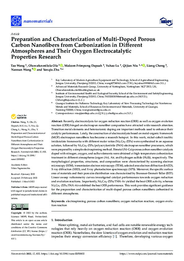 Preparation and Characterization of Multi-Doped Porous Carbon Nanofibers from Carbonization in Different Atmospheres and Their Oxygen Electrocatalytic Properties Research Thumbnail