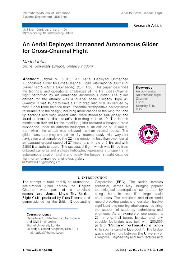 An aerial deployed unmanned glider for cross-Channel flight Thumbnail