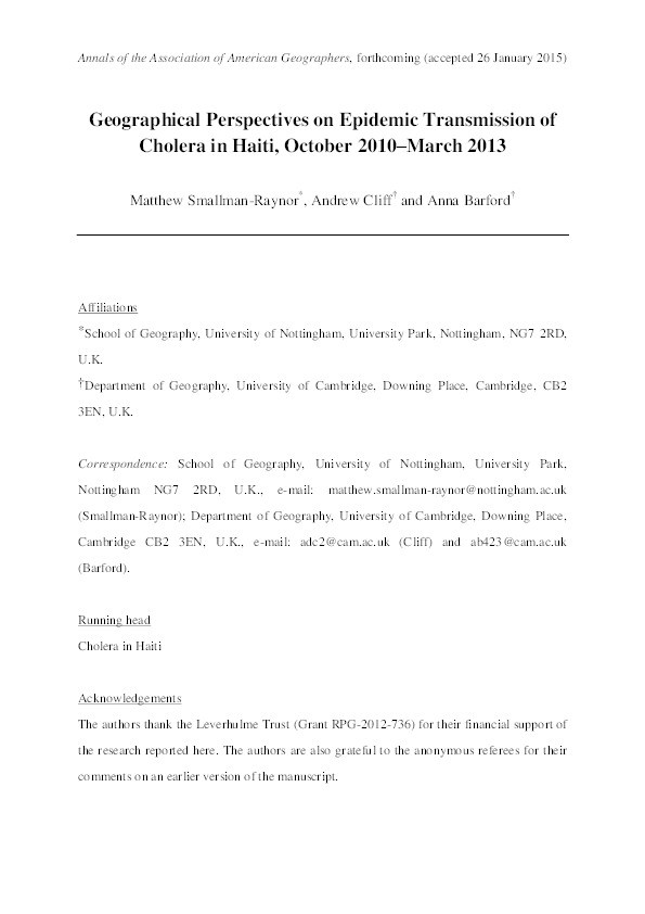 Geographical perspectives on epidemic transmission of cholera in Haiti, October 2010 through March 2013 Thumbnail