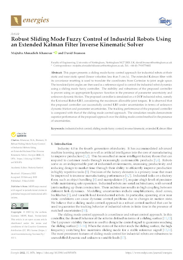 Robust Sliding Mode Fuzzy Control of Industrial Robots using an Extended Kalman Filter Inverse Kinematic Solver Thumbnail