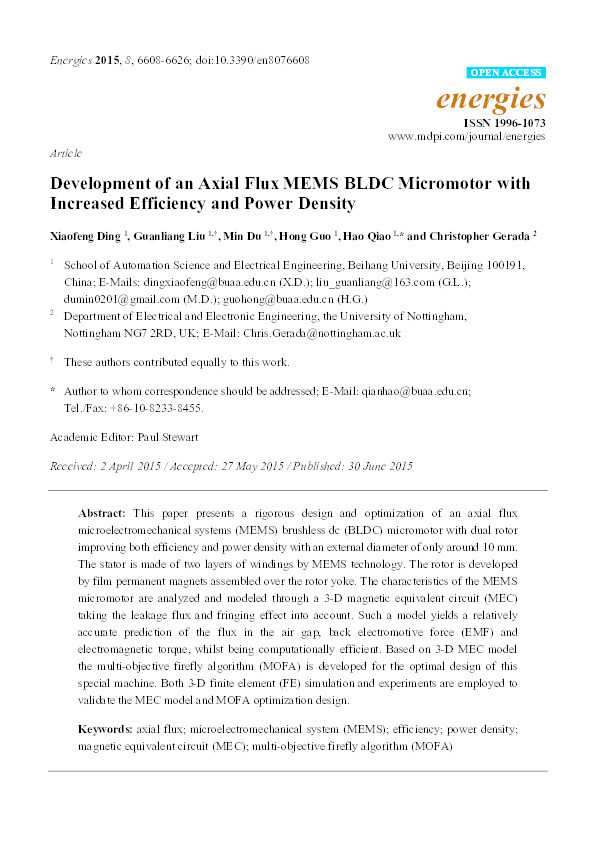 Development of an axial flux MEMS BLDC micromotor with increased efficiency and power density Thumbnail