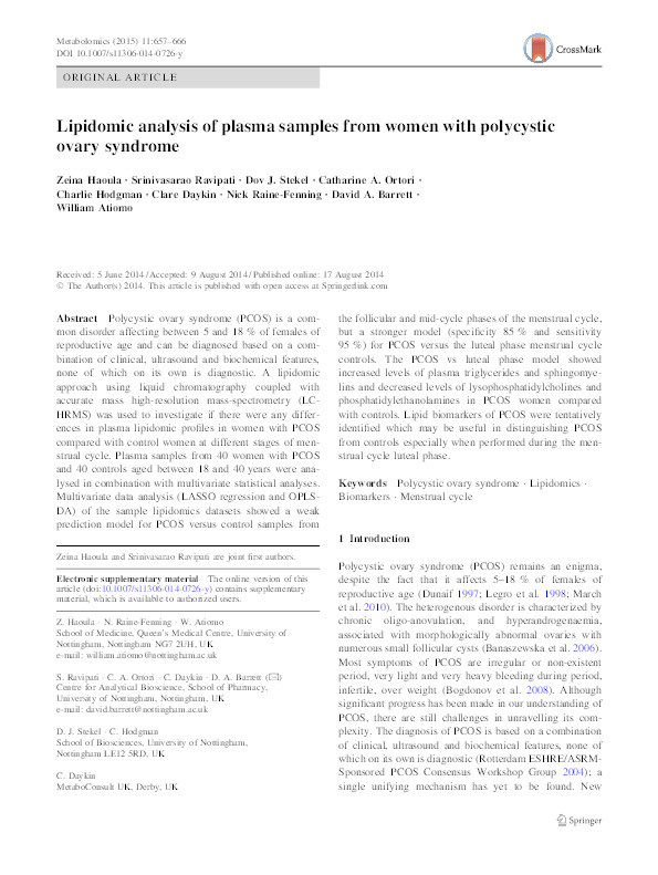 Lipidomic analysis of plasma samples from women with polycystic ovary syndrome Thumbnail