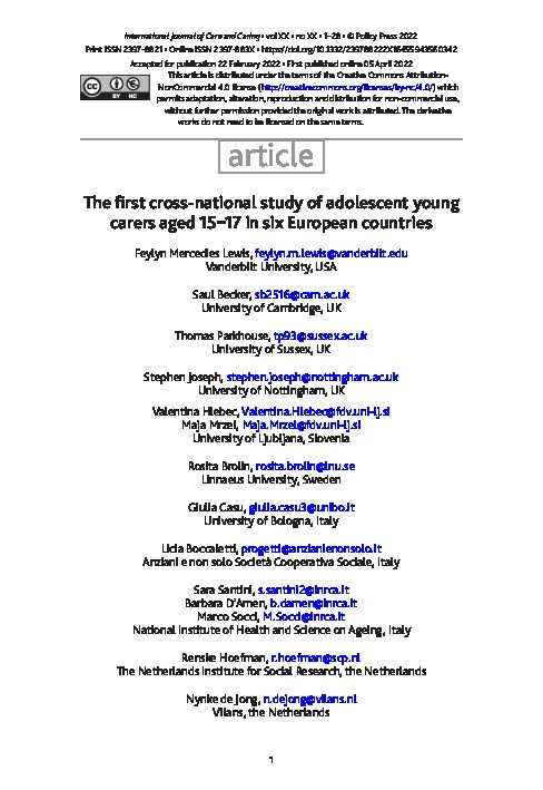 The first cross-national study of adolescent young carers aged 15-17 in six European countries Thumbnail