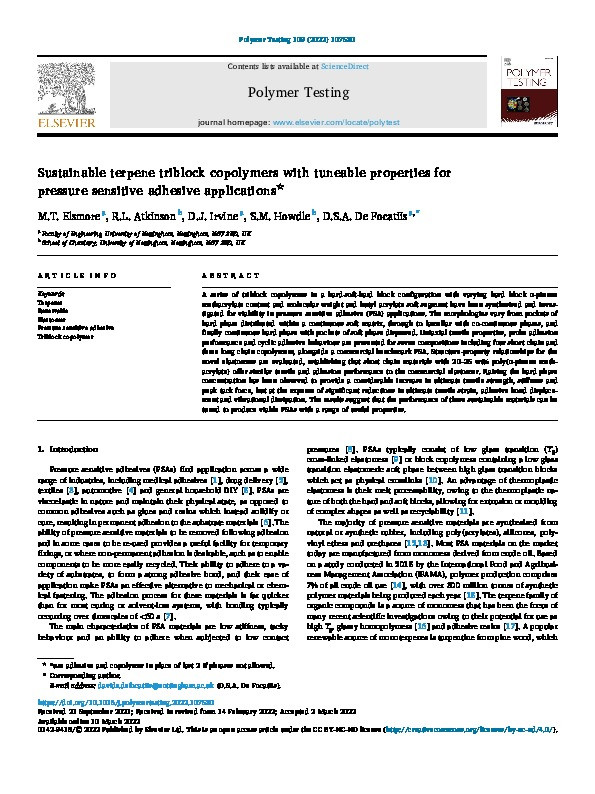 Sustainable terpene triblock copolymers with tuneable properties for pressure sensitive adhesive applications Thumbnail